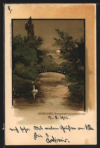 Lithographie Düsseldorf, Hofgarten, Goldene Brücke bei Vollmond