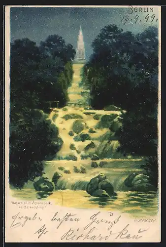 Künstler-AK Berlin-Kreuzberg, Wassersturz im Victoriapark bei Beleuchtung