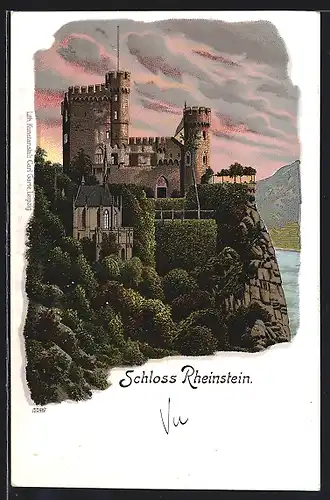 Lithographie Trechtingshausen, Schloss Rheinstein im Abendlicht