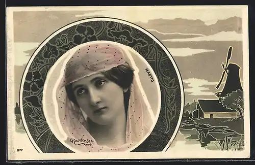 Foto-AK Atelier Reutlinger, Paris, Schauspielerin Mastio mit Kopftuch