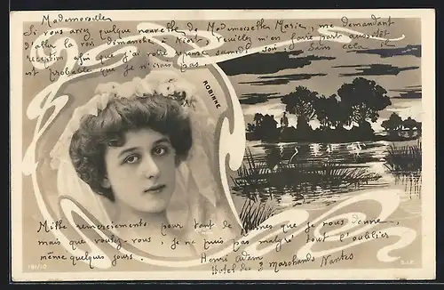 Foto-AK Atelier Reutlinger, Paris, Schauspielerin Robinne mit Kopftuch, Silhouette eines Ufers mit Bäumen