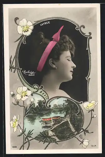 Foto-AK Atelier Reutlinger, Paris: Lutèce, Schöne Dame mit rosanem Haarband im Profil, Wasserpartie am Wald