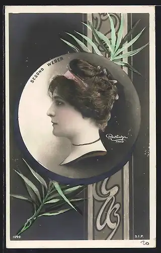 Foto-AK Atelier Reutlinger, Paris, Schauspielerin Segond Weber im Profil, Palmwedel