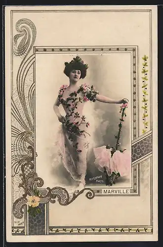 Foto-AK Atelier Reutlinger, Paris: Marville, Junge Dame im transparent-rosanem Kleid mit Schirm und Blumen