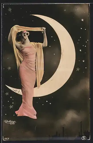 Foto-AK Atelier Reutlinger, Paris: Schöne Frau im rosanen Kleid mit gelbem Tuch im Sternenhimmel vor Mondsichel