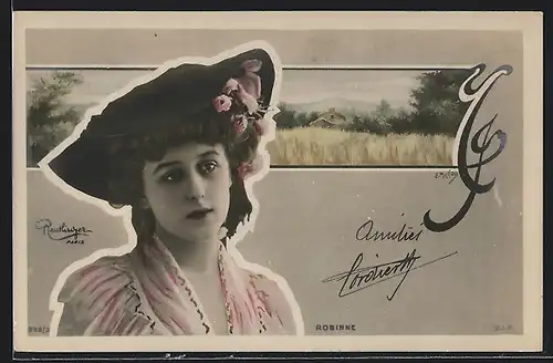 Foto-AK Atelier Reutlinger, Paris: Robinne, Junge schöne Dame im rosanen Kleid mit Hut und Rosen