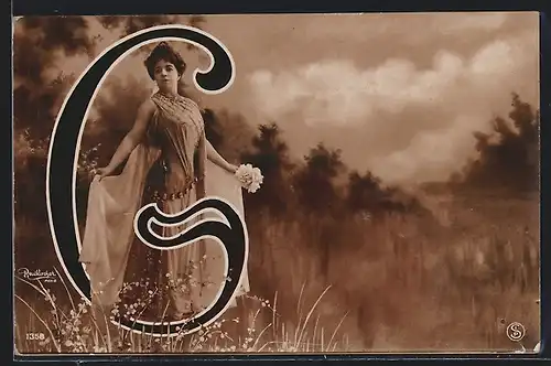 AK Atelier Reutlinger, Paris: Dame mit Schleier hinter Buchstabe