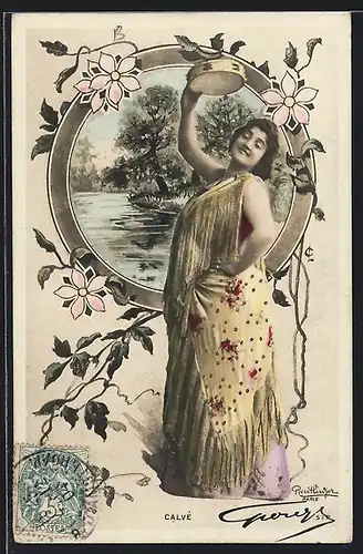 AK Calvé, Portrait der Tänzerin mit Tamburin, Montage