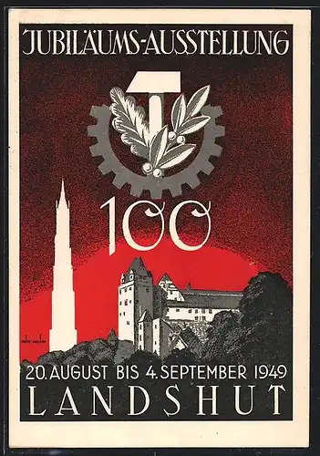 Künstler-AK Landshut, Jubiläumsausstellung 1949, Blick zur Festung