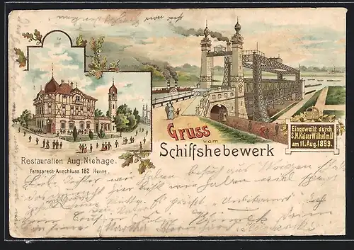 Lithographie Henrichenburg, Restauration Aug. Niehage, Schiffshebewerk am 11. Aug. 1899 eingeweiht