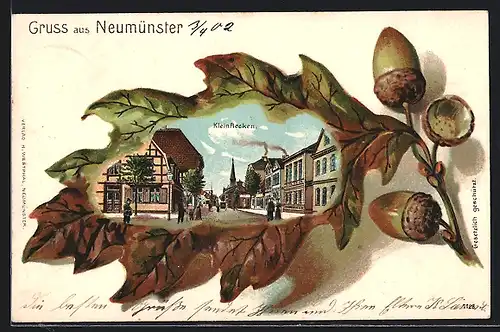 Passepartout-Lithographie Neumünster, Kleinflecken mit Passanten im Eichenblatt