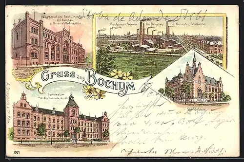 Lithographie Bochum, Ständehaus, Bochumer Verein für Bergbau u. Gussstahlfabrikation