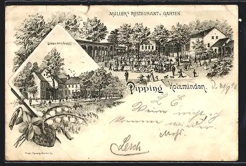 Lithographie Pipping b. Holzminden, Müller`s Restaurant und Garten, Strassenfront