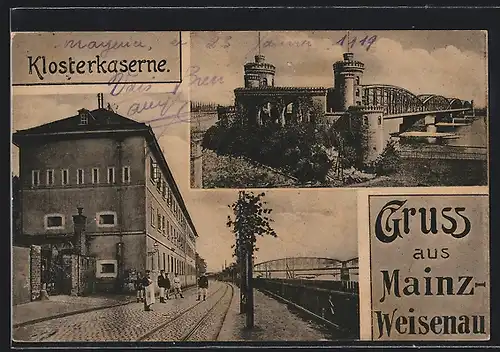 AK Mainz-Weisenau, Klosterkaserne, Soldaten am Eingang der Kaserne, Brücke