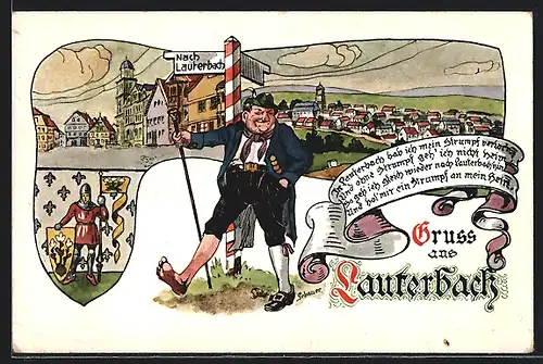 Künstler-AK Lauterbach, Totalansicht, Ortspartie, Wanderer