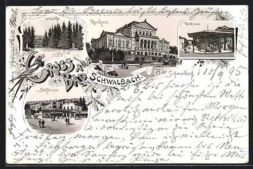 Vorläufer-Lithographie Bad Schwalbach, 1895, Weinbrunnen, Kurhaus und Stahlbrunnen