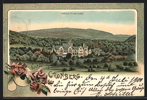 Lithographie Cronberg, Blick auf Schloss Friedrichshof