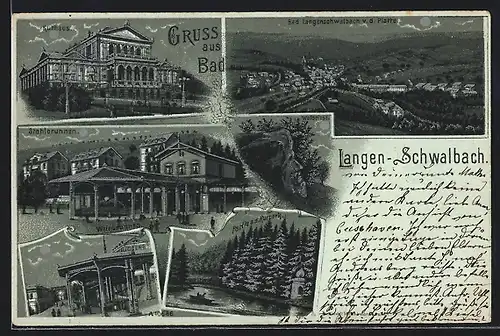 Lithographie Langenschwalbach, Kurhaus, Stahlbrunnen, Weinbrunnen, Partie a. d. Kurpark