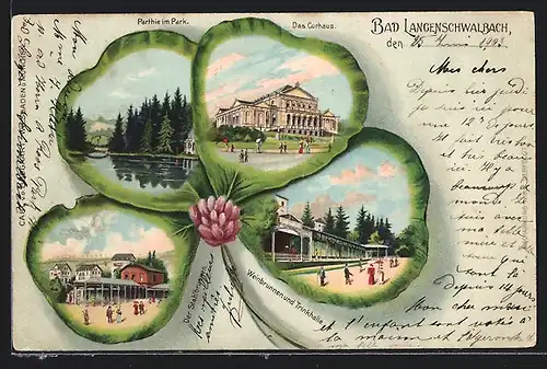 Passepartout-Lithographie Bad Langenschwalbach, Weinbrunenn & Trinkalle, Kurhaus, Park im Kleeblatt