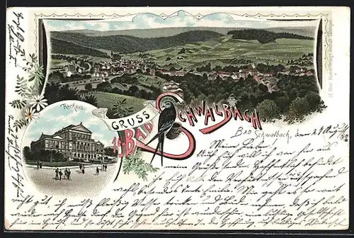 Lithographie Bad Schwalbach, Kurhaus, Ortsansicht aus der Vogelschau