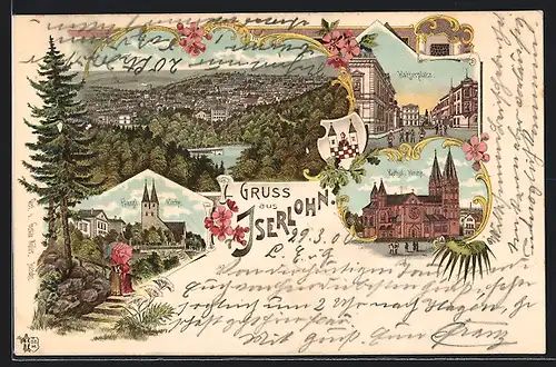 Lithographie Iserlohn, Kath. Kirche, Kaiserplatz, ev. Kirche, Wappen