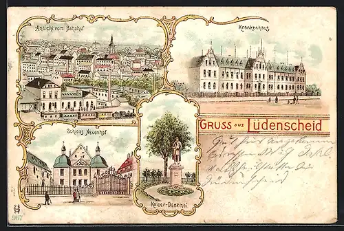 Lithographie Lüdenscheid, Ansicht vom Bahnhof, Krankenhaus und Schloss Neuenhof