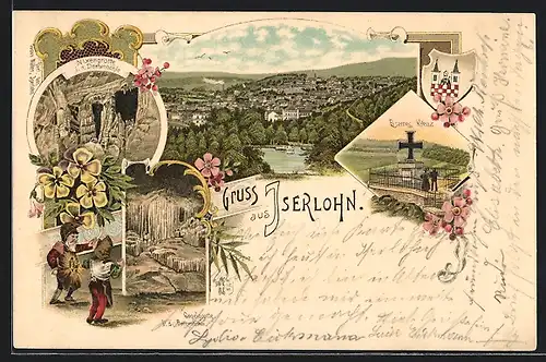 Lithographie Iserlohn, Orgelgrotte i. d. Dechenhöhle, Nixengrotte, Eisernes Kreuz