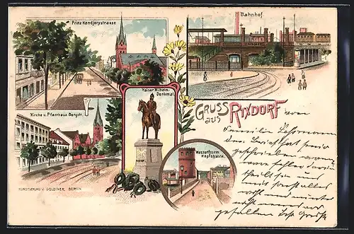 Lithographie Rixdorf, Prinz Handjerystrasse, Bahnhof und Wasserturm Hopfstrasse