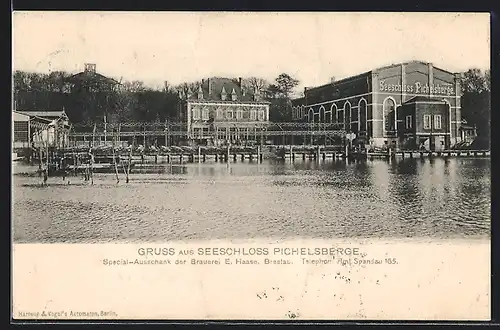 AK Berlin-Pichelsberg, Gruss aus dem Seeschloss Pichelsberge, Gastwirtschaft mit Ausschank der Brauerei E. Haase