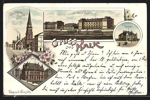 Lithographie Köln-Kalk, Kronprinz-Kaserne, Offiziers-Kasino und Post