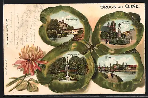 Passepartout-Lithographie Bad Cleve, Hafen, Schwanenburg, Lohengrin-Denkmal