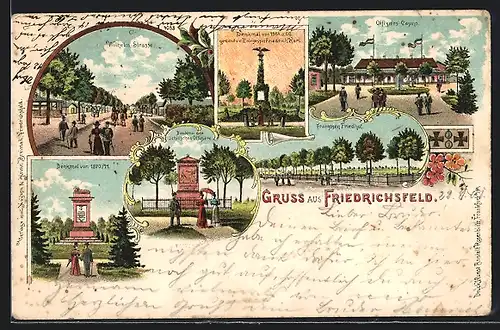 Lithographie Friedrichsfeld / Wesel, Wilhelm-Strasse, Denkmal von 1870 /71, Franzosen-Friedhof
