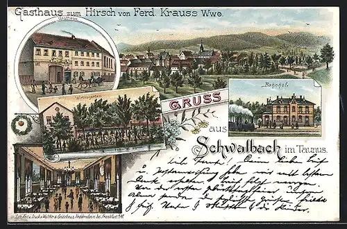 Lithographie Schwalbach im Taunus, Gasthaus zum Hirsch v. Ferd. Krauss Wwe., Bahnhof und Wirthsgarten