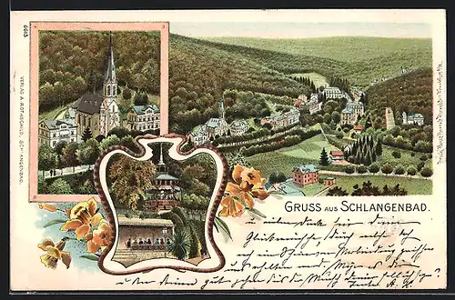 Lithographie Schlangenbad, Kirche, Pavillon, Ortspanorama