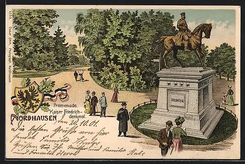 Lithographie Nordhausen, Promenade mit Kaiser Friedrich-Denkmal, Wappen