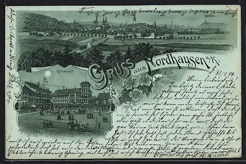 Mondschein-Lithographie Nordhausen a. H., Kornmarkt, Ortsansicht aus der Ferne