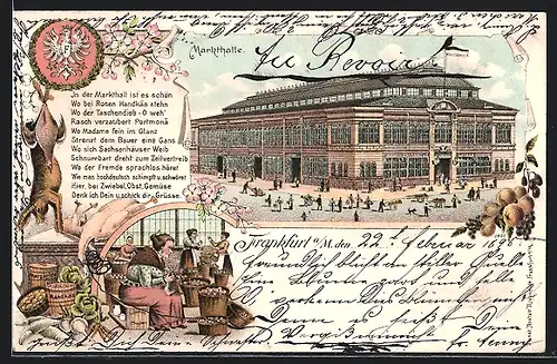 Lithographie Frankfurt a. M., Markthalle, Innenansicht mit Obstverkäuferin