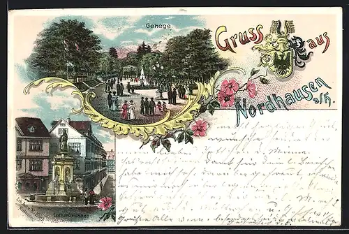Lithographie Nordhausen a. H., Lutherbrunnen, Gehege und Wappen