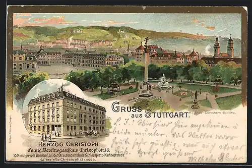 Lithographie Stuttgart, Gasthaus Herzog Christoph in der Christophstrasse 16, Denkmal