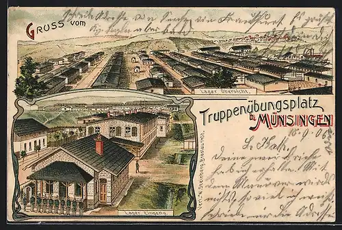 Lithographie Münsingen, Truppenübungsplatz, Lager Übersicht und Lager Eingang