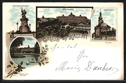 Lithographie Rastatt, Schloss, Stadtkirche, Bernhardusbrunnen