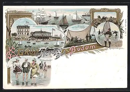 Lithographie Büsum, H. Burmeisters Strandhotel und Strandhalle, Krabbenfängerin