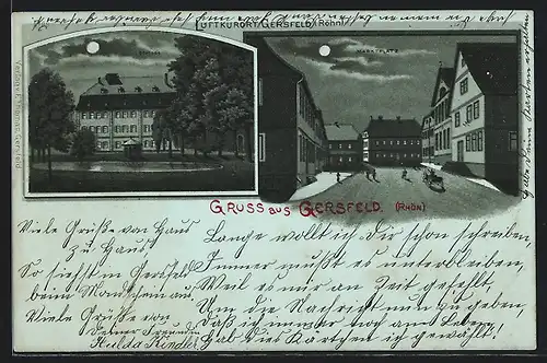 Mondschein-Lithographie Gersfeld /Rhön, Schloss mit Teich, Marktplatz