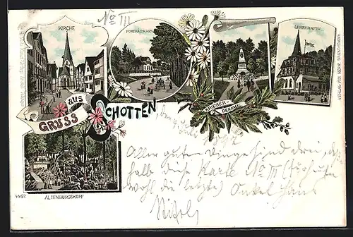 Lithographie Schotten, Kirche, Post, Kriegerdenkmal, Altenburgskopf