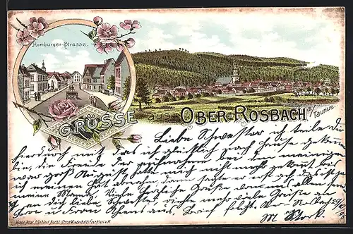 Lithographie Ober-Rosbach /Taunus, Homburger Strasse, Gesamtansicht mit Umgebung