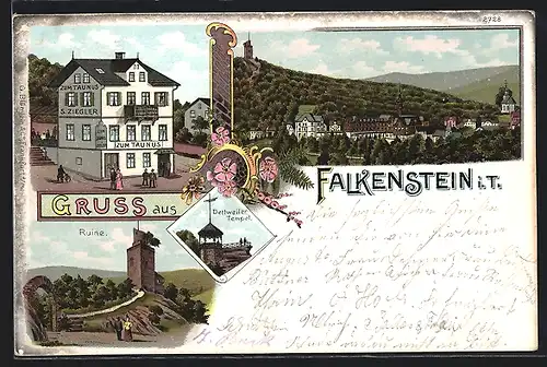 Lithographie Falkenstein i. T., Gasthaus zum Taunus von S. Ziegler, Ruine, Dettweiler Tempel, Ortsansicht