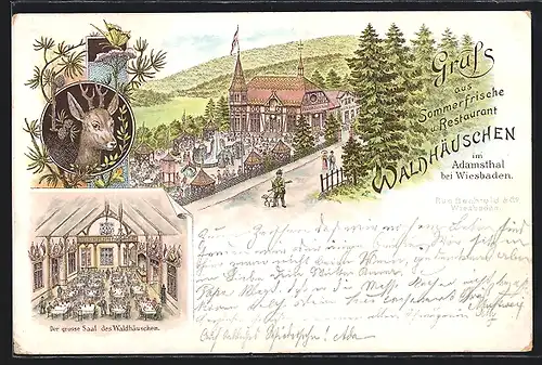 Lithographie Wiesbaden, Adamsthal, Gaststätte Waldhäuschen mit Strasse und Saal, Hirsch