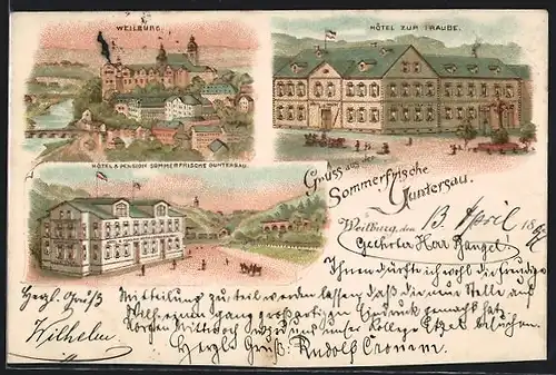 Lithographie Weilburg, Hotel Sommerfrische Guntersau mit Umgebung, Hotel zur Traube, Ortsansicht