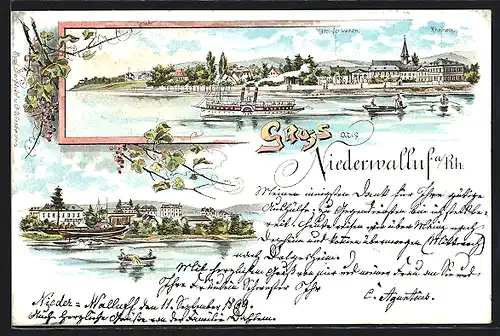 Lithographie Niederwalluf /Rh., Panorama mit Hotel Schwanen und Dampfer, Teilansicht mit Fischerboot