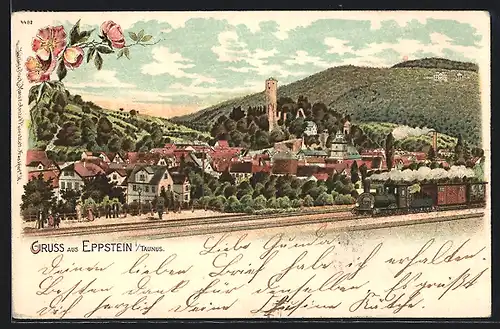 Lithographie Eppstein i. T., Totalansicht mit Eisenbahn